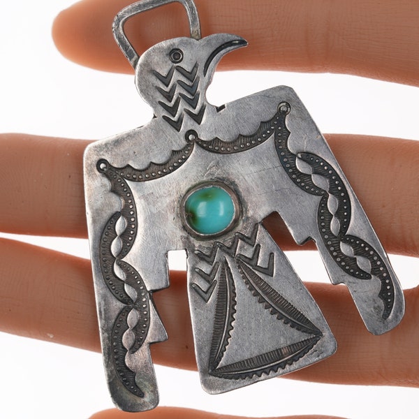 c1920's-30's Large Navajo Silver and turquoise Thunderbird watch fob/pendant