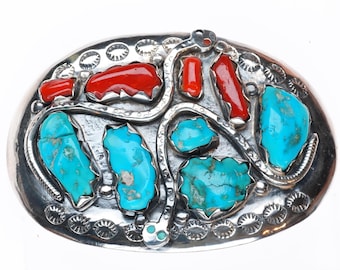 Effie Calavaza Zuni sterling silver turquoise/coral snakes buckle for 1.5" belt