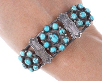 30's-40's  Navajo stamped silver turquoise cluster bracelet