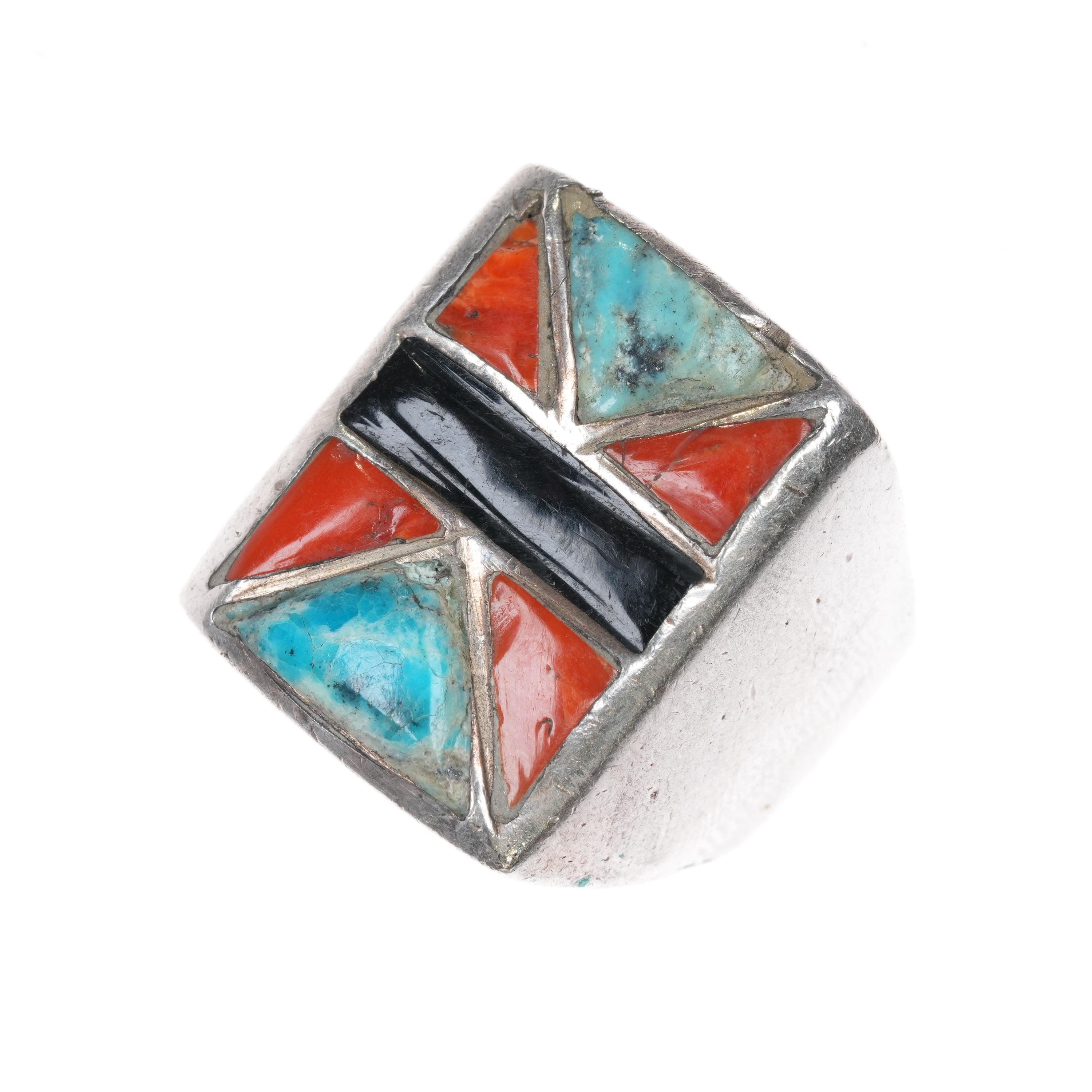 Sz10.5 Vintage Zuni Turquoise, Jet, Coral Channel Inlay