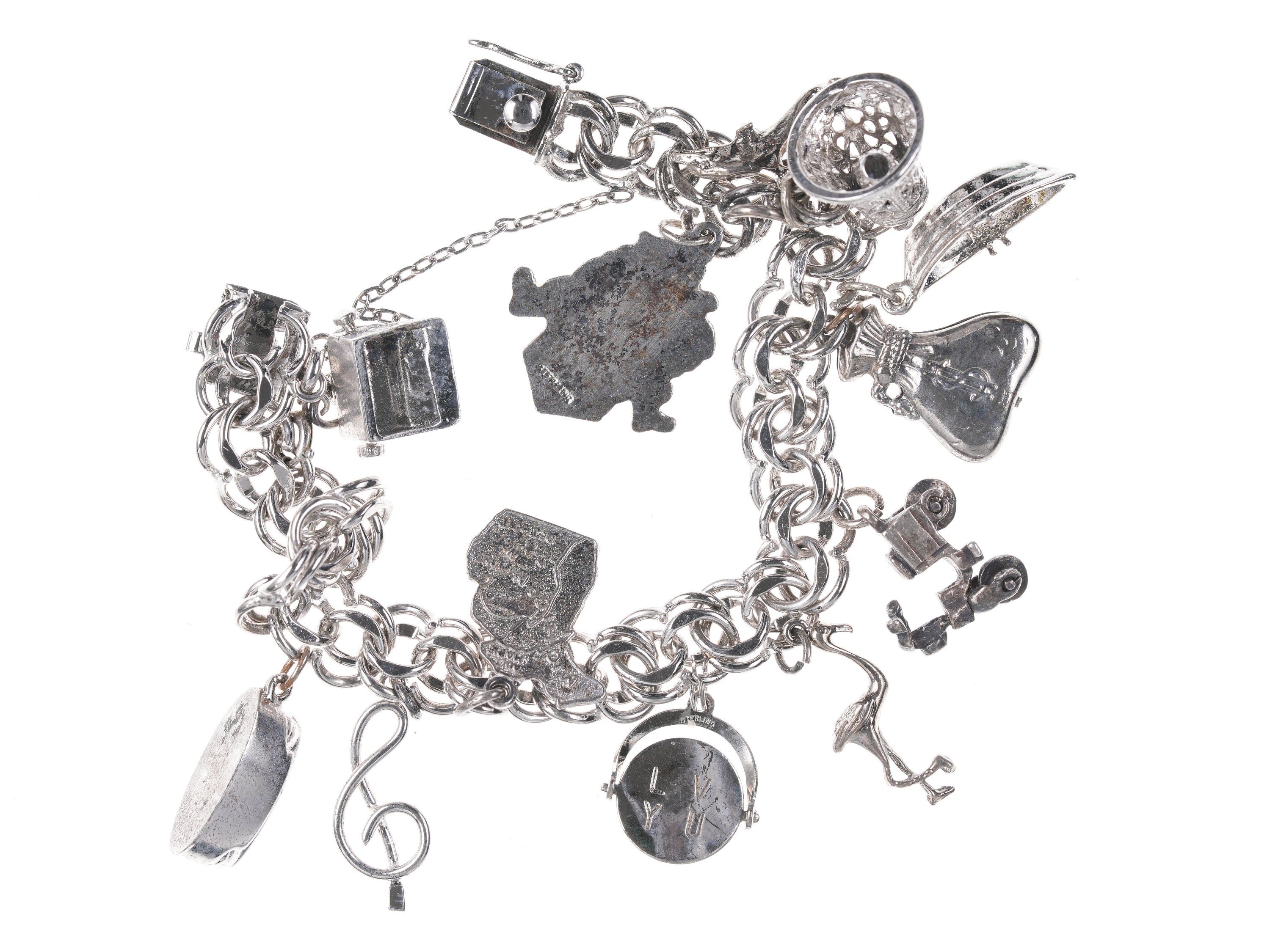 Edwardian Sterling Silver Repoussé Bangle Bracelet with Heart Charm
