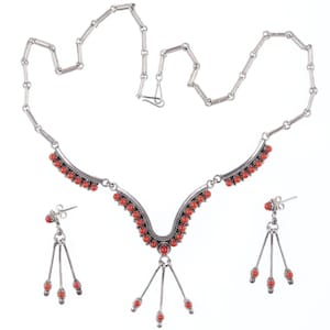 Eriacho Zuni Red Coral Snake Eye Sterling necklace and earrings set