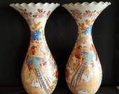 Antique Japanese Signed Kutani Vases Birds of Paradise Huge 15 quot tall x 6 quot wide 19th century