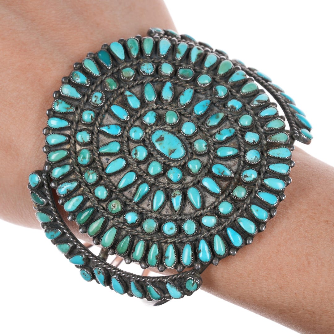 Large Zuni Antique Turquoise Cluster Cuff  STUNNING