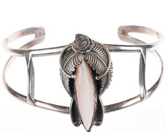 6.5" vintage Les Baker Shop sterling silver pink mother of pearl cuff bracelet