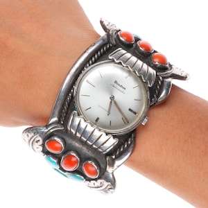 7.5&quot; Big Vintage Navajo sterling silver turquoise/coral watch cuff bracelet