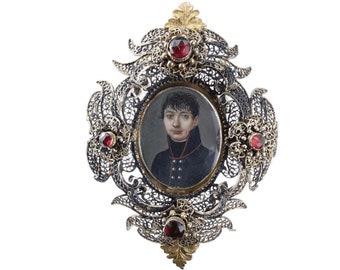 c1800 Portrait Miniature of Swiss/Prussian Soldier in Gilt silver filigree frame