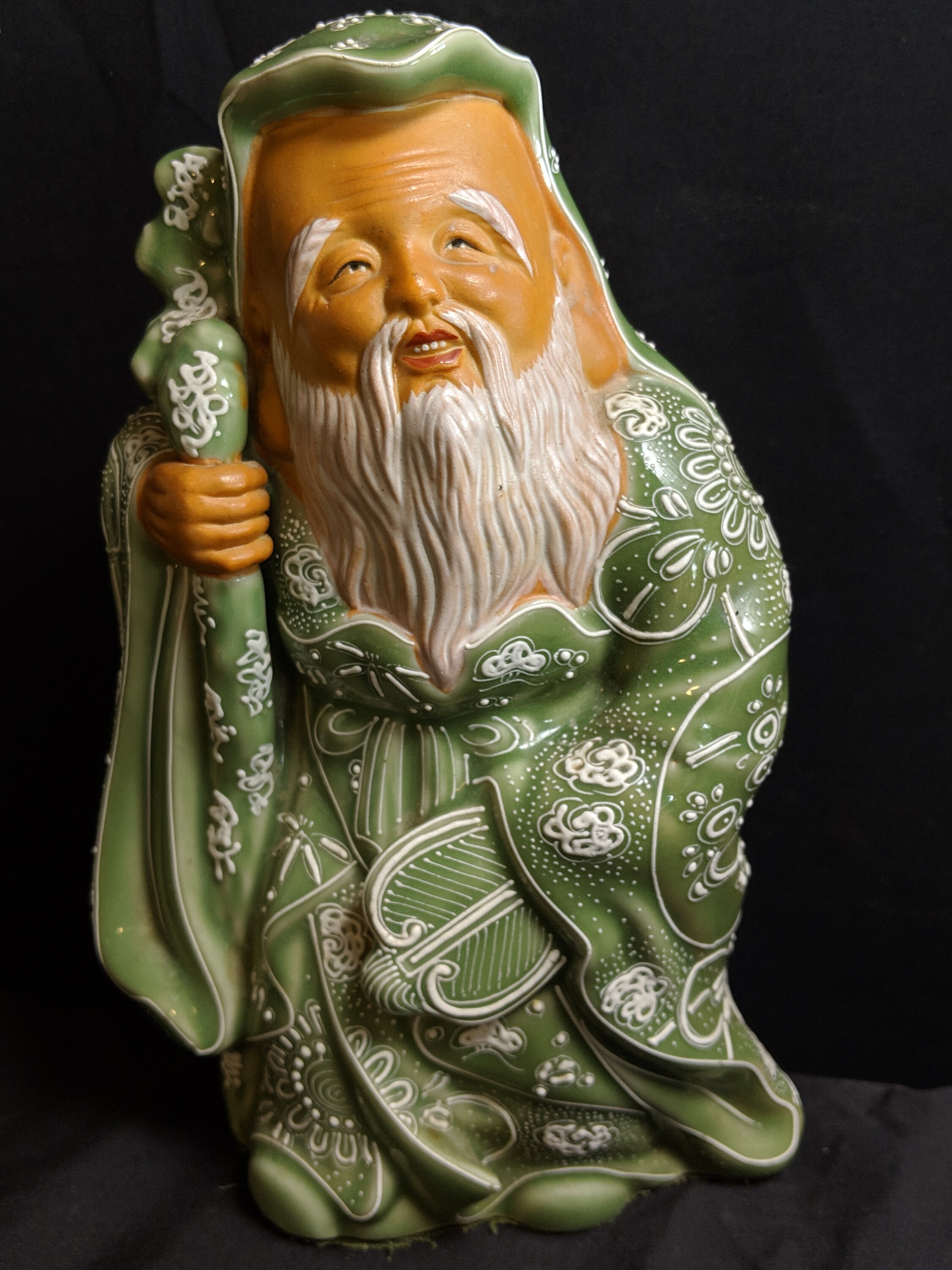Fukurokuju God Statue Japanese Celadon Satsuma Moriage figure Early