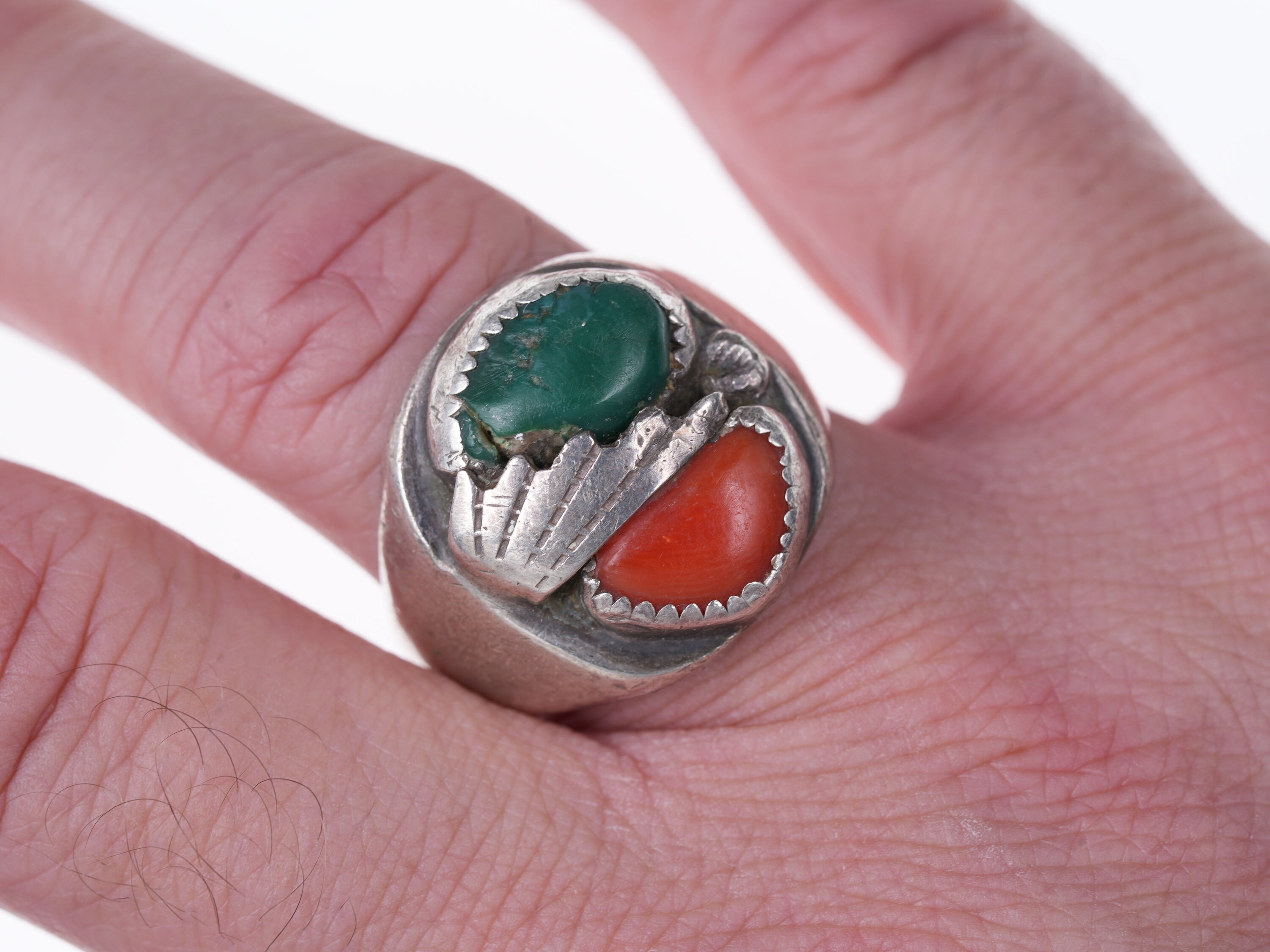 Navajo turquoise and store coral ring