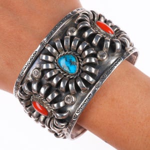 7.25&quot; Vintage Navajo sterling silver, turquoise/coral modernist cuff bracelet
