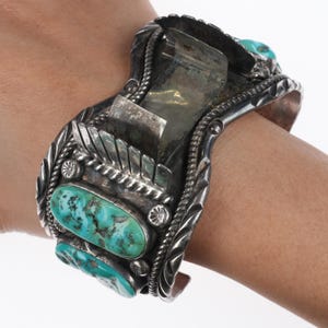 7.7&quot; Vintage Navajo sterling silver, turquoise, shell, onyx watch cuff bracelet