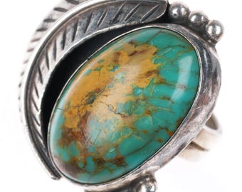 sz7.5 vintage Navajo sterling silver green turquoise feather applied ring