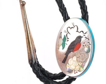 Ophie B Joe Navajo sterling silver Robin turquoise/coral inlay bolo tie