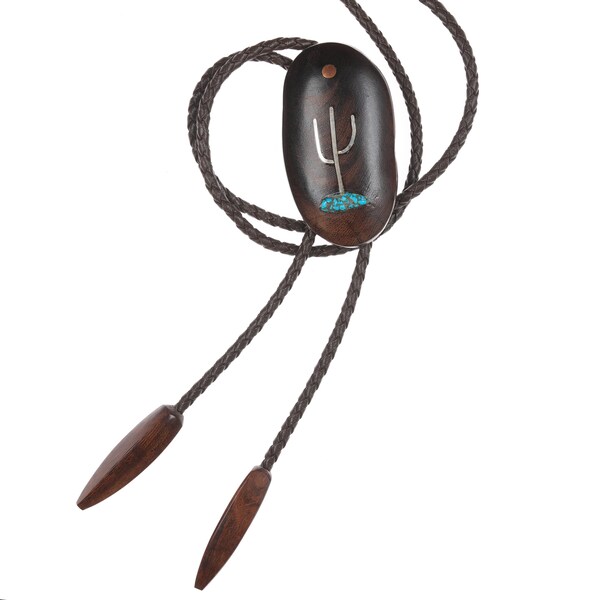 37" Sterling/Copper/turquoise inlaid Ironwood bolo tie