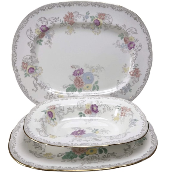 Coalport Churchill Grey Transferware, Handpainted Multicolor Flowers, Gold trim