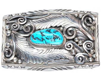 Vintage Justin Morris Navajo sterling silver w/ turquoise buckle for 1.5" belt