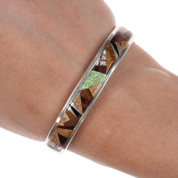 6 3/8" Becenti for Calvin Begay petrified wood, jasper, and gaspeite silver channel inlay cuff bracelet