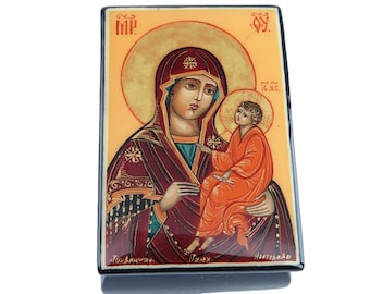 Russian Fedoskino Lacquer Trinket Box Madonna and Child Artist Signed