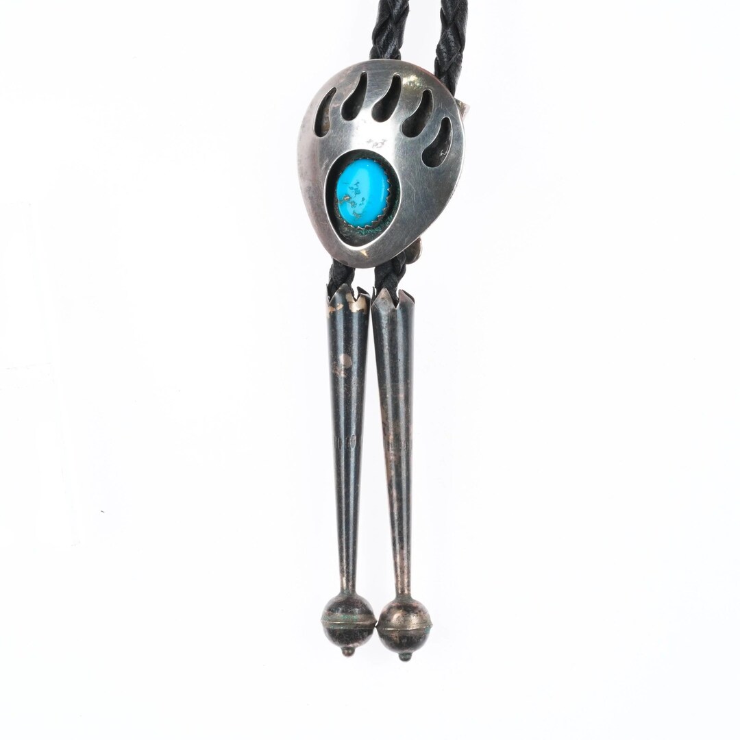 Vintage Navajo Sterling Silver Bear Paw Shadowbox Turquoise Bolo Tie - Etsy