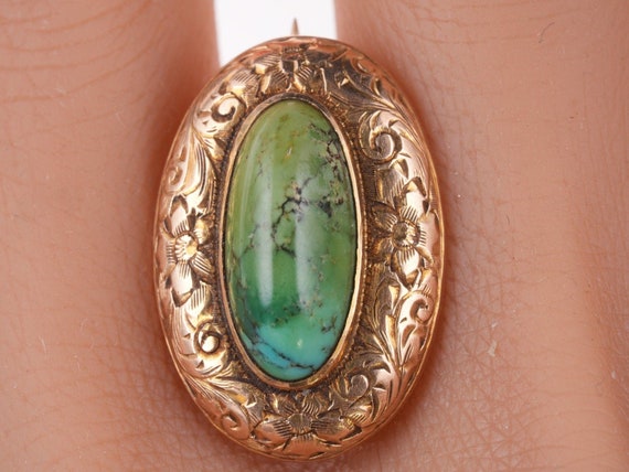 Antique Engraved 14k gold Turquoise pin - image 1