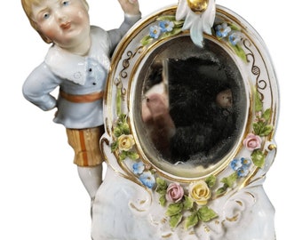 Dresden Porcelain Mirror With Boy Encrusted Flowers Ring Holder Whimsical 19th c