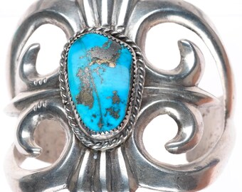 6.5" Large vintage Navajo cast sterling silver turquoise cuff bracelet