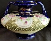 Jeweled Nippon Moriage Vase Rose Tapestry Cobalt Gold with handles c.1880s 8.75 quot wide x 6.5 quot tall