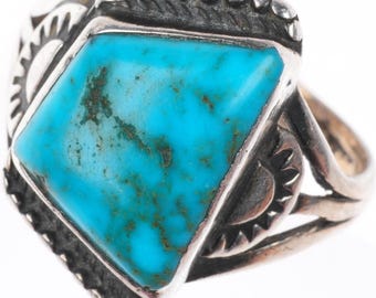 sz8 c1930's Vintage Navajo ingot silver high grade turquoise ring