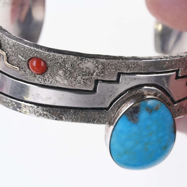 Leroy Begay Navajo Sterling/14k Turquoise and coral  tufa cast cuff bracelet