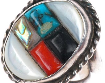 sz6 vintage Navajo sterling silver cobblestone inlay turquoise/coral/shell ring