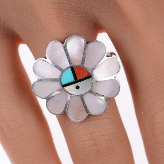 Vintage Zuni sunface channel inlay ring - image 1