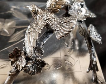 Antique Silverplate Calling Card Tray with Figural Bird on Floral Branch c.1890