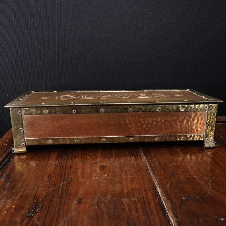 c1900 Arts and Crafts Hammered Copper and Brass Glove Box