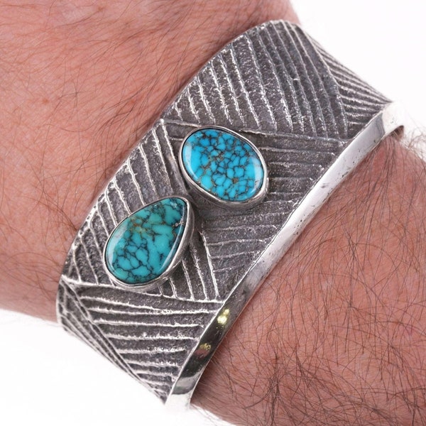 Preston Monongye (Hopi) (1927-1987) Tufa Cast Silver Spiderweb turquoise bracele