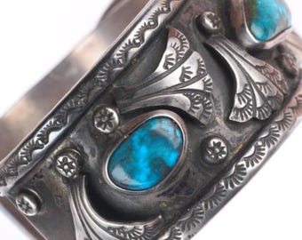 7.2" Vintage Navajo Bisbee turquoise sterling silver watch cuff bracelet