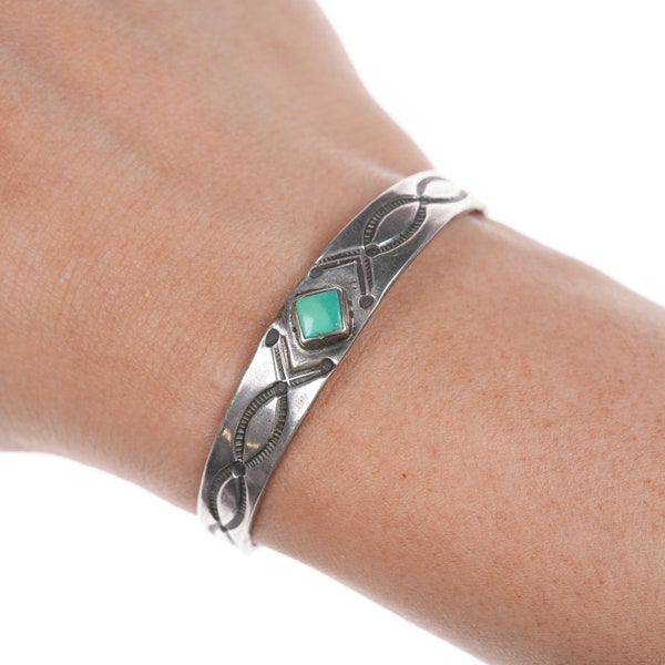 5 5/16" c1930's Navajo Stamped Ingot silver bracelet with turquoise