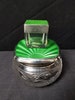 Art Deco Green Guilloche Enamel on Sterling Cut Glass Vanity Dresser Jar Powder Box pill box with lid c.1920 2 pc 