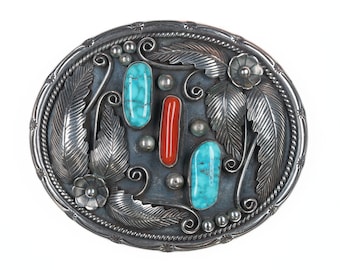 Phil Chapo Navajo silver, turquoise, and coral belt buckle