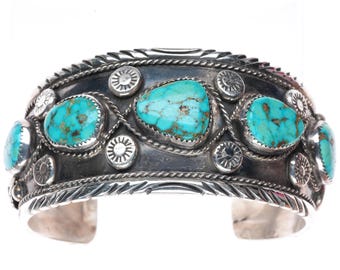 8" Vintage Navajo sterling silver High grade waterweb turquoise cuff bracelet