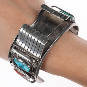 18,5 cm Vintage Zuni Sterling Silber, Türkis, Koralle Manschettenarmband