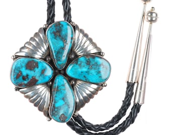 Vintage GM Navajo Smoky Bisbee Turquoise sterling silver bolo tie