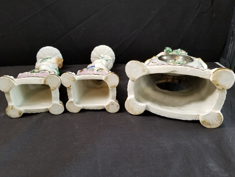 Antique Capodimonte Cherub Style Clock Set Italian or Dresden Hand painted and Applied florals c.1880