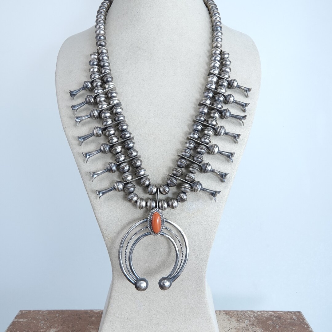 Phil Garcia Navajo Sterling and Coral Squash Blossom Necklace Etsy