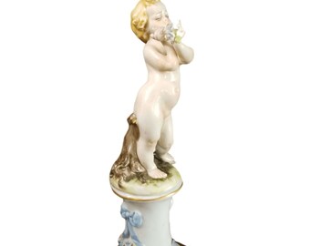 Dresden Capodimonte Style Cherub on Pedestal Applied Flowers, delicate painting