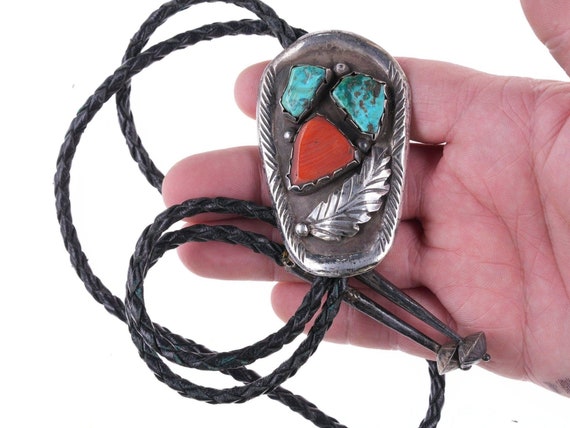 1950's Navajo silver, turquoise and coral bolo tie - image 2