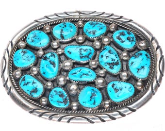 Tommy Moore Navajo sterling silver turquoise cluster buckle for 1.5" belt