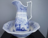 c1848 John Wedgwood Columbia Blue Transferware Wash Bowl and Pitcher set