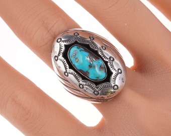 sz11 Vintage Navajo Sterling turquoise stamped shadowbox ring