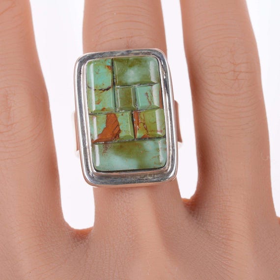 Important Vintage Native American Navajo Tommy Jackson Turquoise Inlay Sterling Silver Ring Important Vintage Native American Navajo Tommy Jackson Turquoise Inlay Sterling Silver Ring