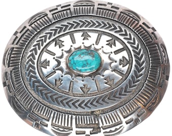 Vintage NNB Navajo deep stamped sterling silver turquoise buckle for 1.25" belt